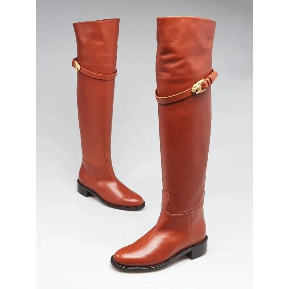 Valentino Garavani Brown‎ Calfskin over the knee boot lion buckle, EU 37(US7)